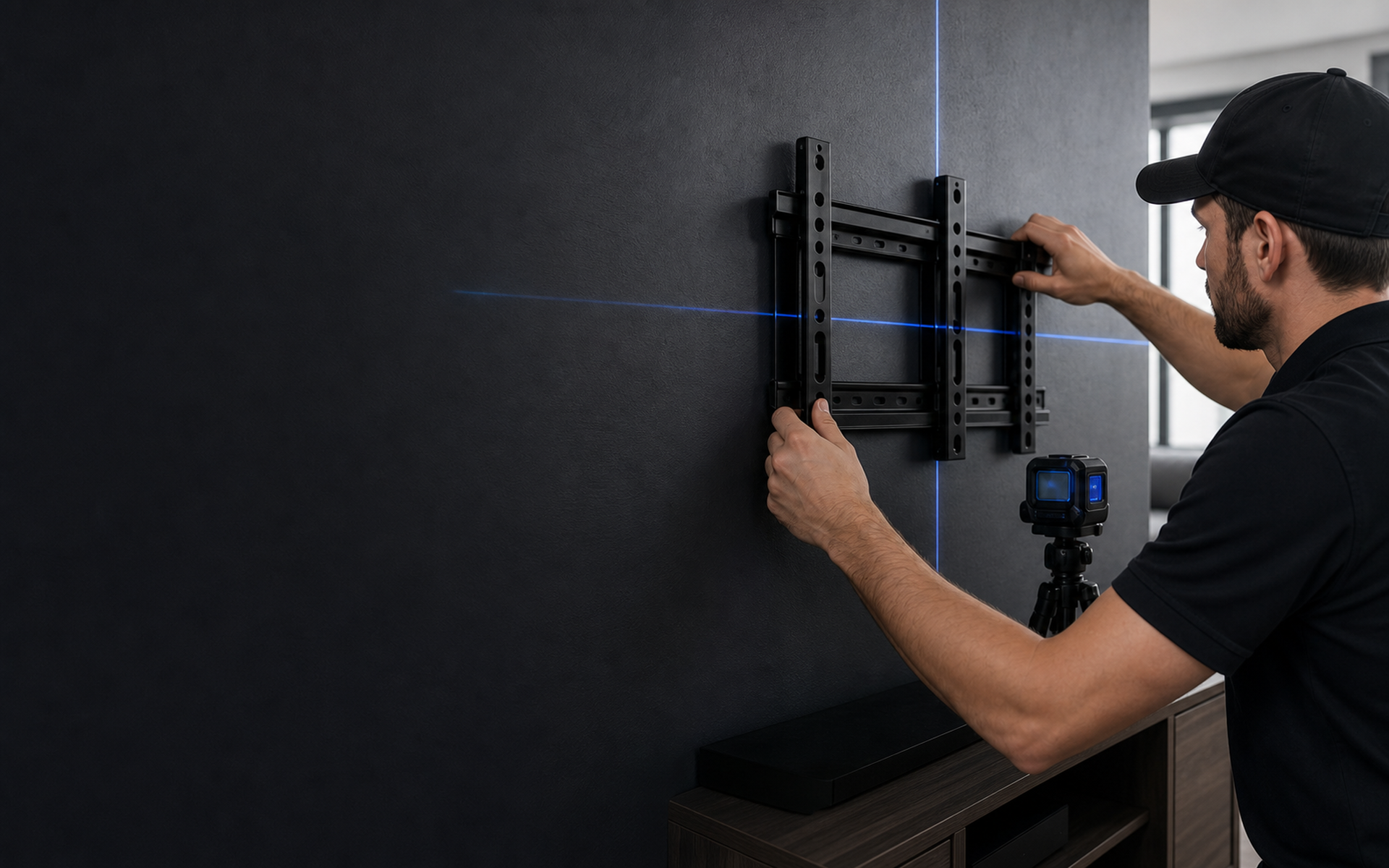 Home technology technician aligning a TV wall mount with a laser level